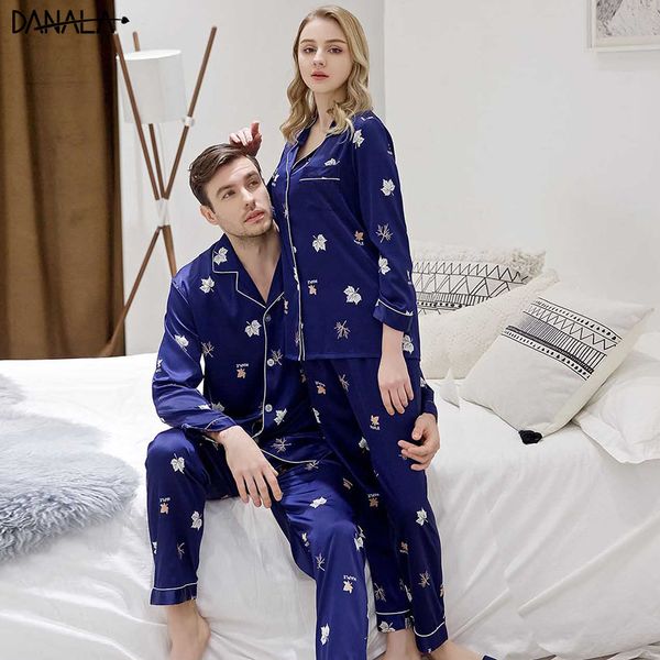 

danala couple sleepwear nightwear sets silk satin couple pajamas sets for women vogue animals floral print refreshing home suits, Blue;gray