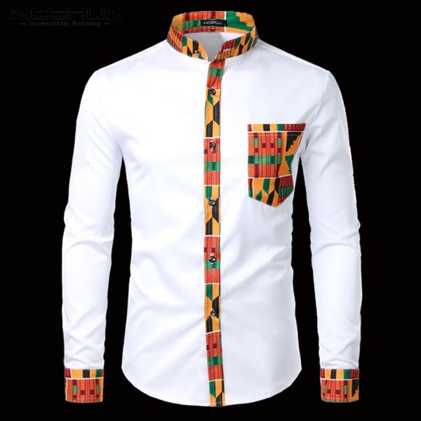 

incerun men shirt printed patchwork long sleeve button stand collar casual ethnic dashiki men shirts african clothes s-3xl, White;black