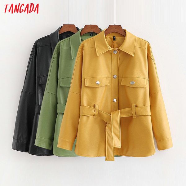 

tangada женская черная куртка из искусственной кожи пальто с поясным карманом женский длинный рукав oversize boy friend зеленый желтый пальт, Black;brown
