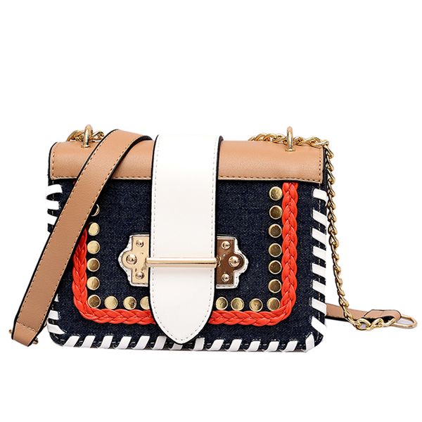

designer weave bags women pu leather and denim handbags small women rivet messenger bag colorful women shoulder bag