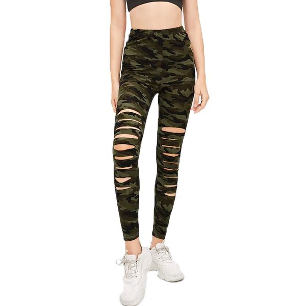 

ls ripped green army camouflage printed high-waisted women's leggings, Black
