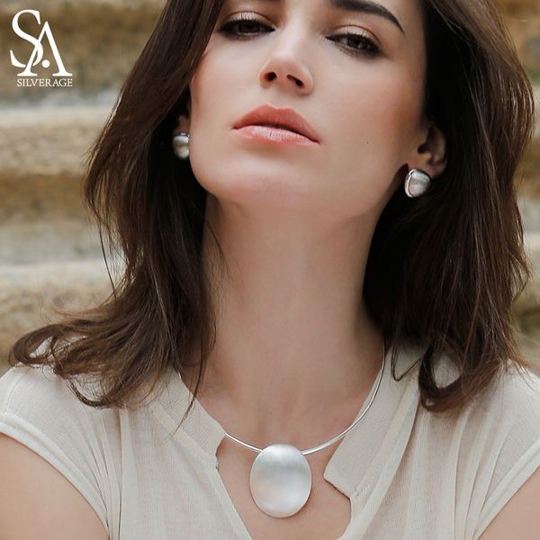 

sa silverage 925 sterling silver oval choker necklace chocker necklaces fine jewelry for women collier femme 8.81g/35mm*44mm cj191205, Golden