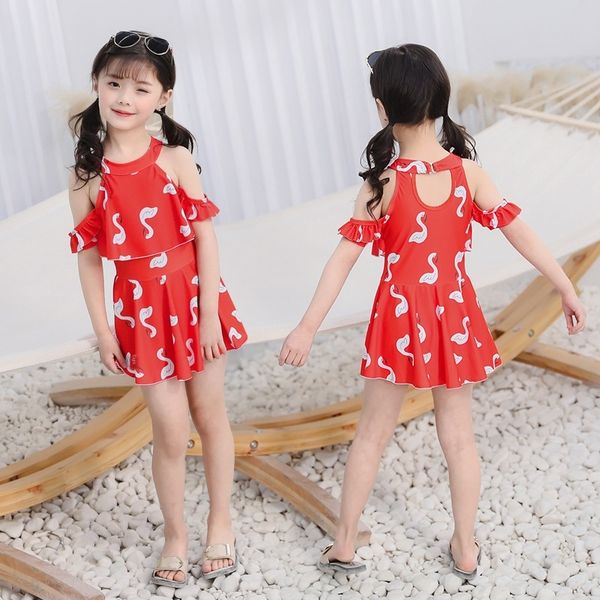 

haozhilang 2019 children's swimsuit one-piece skirt girl cute fresh little white goose pattern dress dress swimsuit jumpsuit skirt, White;black