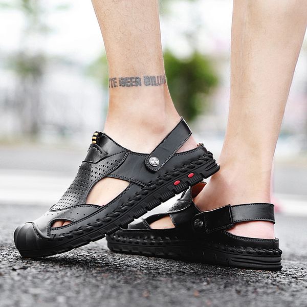 

men sandals big size 38-46 fashionable leather outdoor casual shoes breathable fisherman shoes men beach sandals, Black