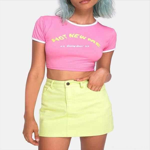 

women's color printed slim navel short t-shirt women's candy candy color printed slim navel short t-shirt, White