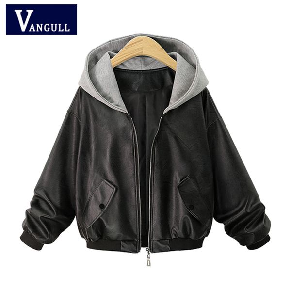 

fashion casual women's clothing 2018 autumn & winter hooded female leather coat zipper loose plus size women leather jackets, Black