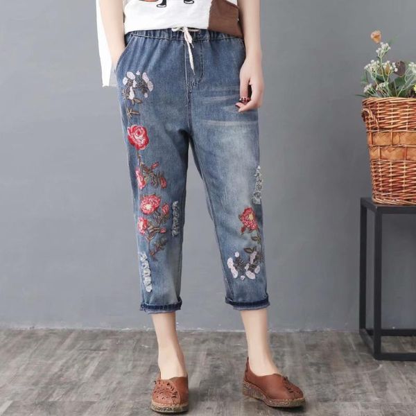 

2019 spring and summer new style retro national wind embroidered lace-up loose-fit capri harem jeans women's, Blue