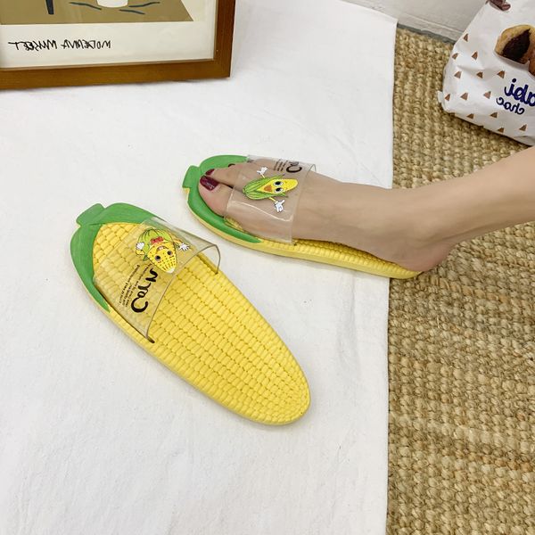 

summer women cute cartoon corn transparent slippers girls outdoor beach shoes casual open toed print flip flop, Black