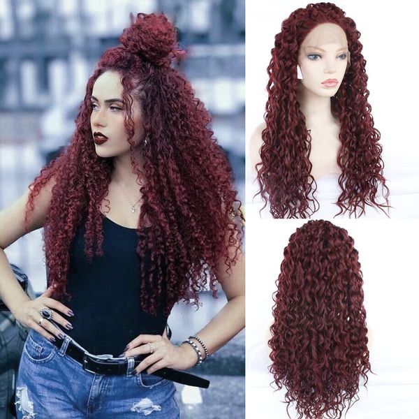 

wholesale price synthetic lace front wig glueless heat resistant fiber synthetic hair burgundy curly hair synthetic wigs for women daily, Black