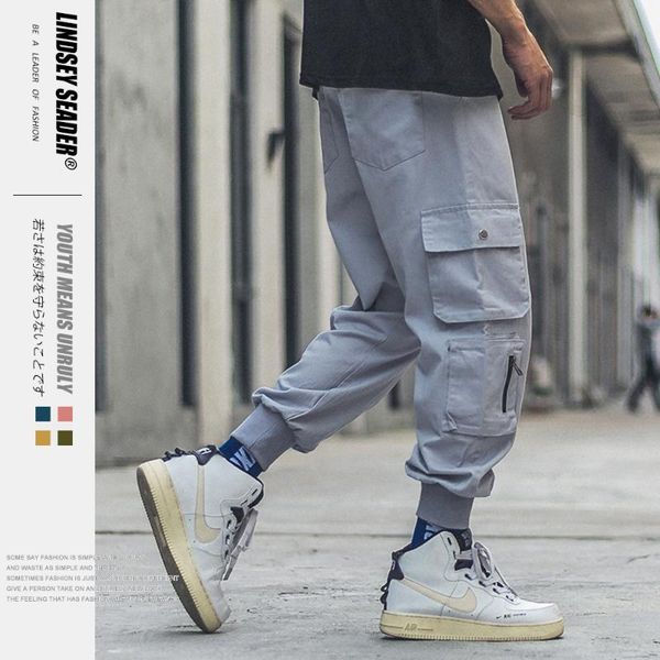 

lindsey seader 2020 hip hip cargo pants multi pockets men harajuku pants joggers streetwear solid track trousers hipster new, Black