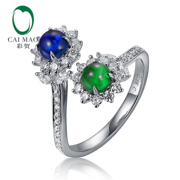 

caimao natural cabochon cut emerald and sapphire halo h si brilliant diamonds engagement wedding ring for annivesary finegems, Golden;silver