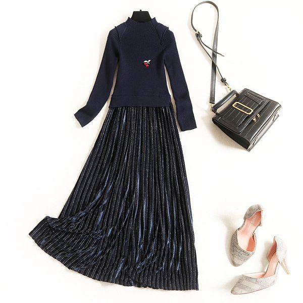 

длинные рукава трикотажные свитера лоскутная плиссе midi velvet платье новое прибытие 2020 весна платье элегантная женщина одежда vestidos, Black;gray