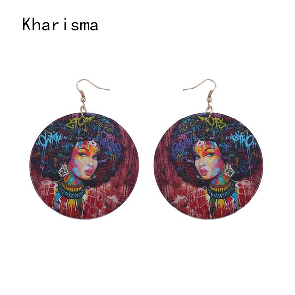 

kharisma female round wooden fashion drop earrings ethnic printed hanging earrings for women girls wedding party gifts, Silver