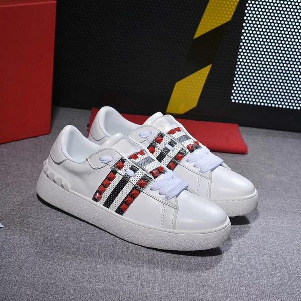 

luxury popular leather casual shoes women men designer sneakers fashion open lace up casual shoes, White;red