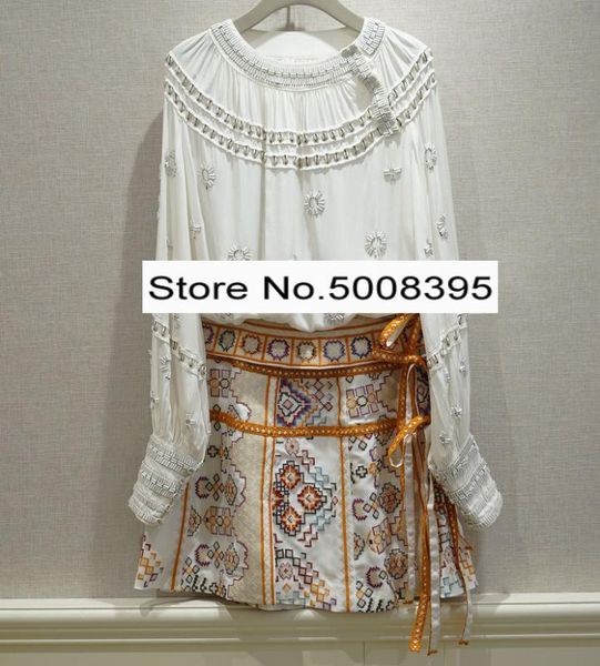 

[elfstyle] - white cotton blouse beaded shell long sleeves cuffs buttoned+embroidered linen skirts slits side ties fashion sets