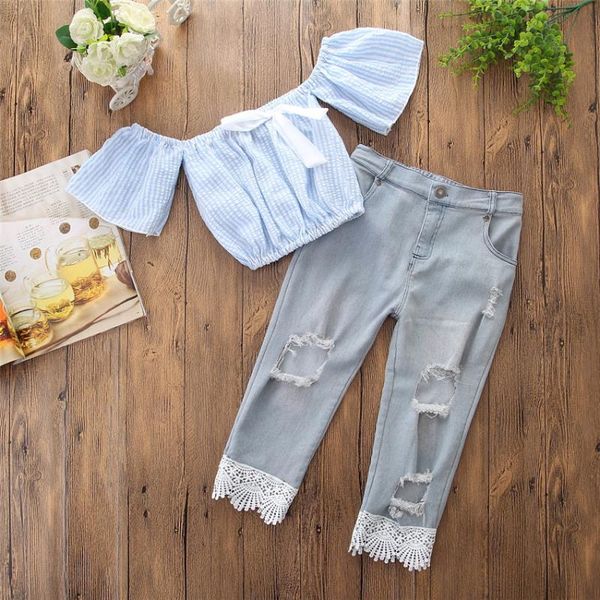 

girl clothes set short-sleeved bubble sleeve blue striped off-shoulder ripped trousers two-piece suit 2020 girl suit summer, White