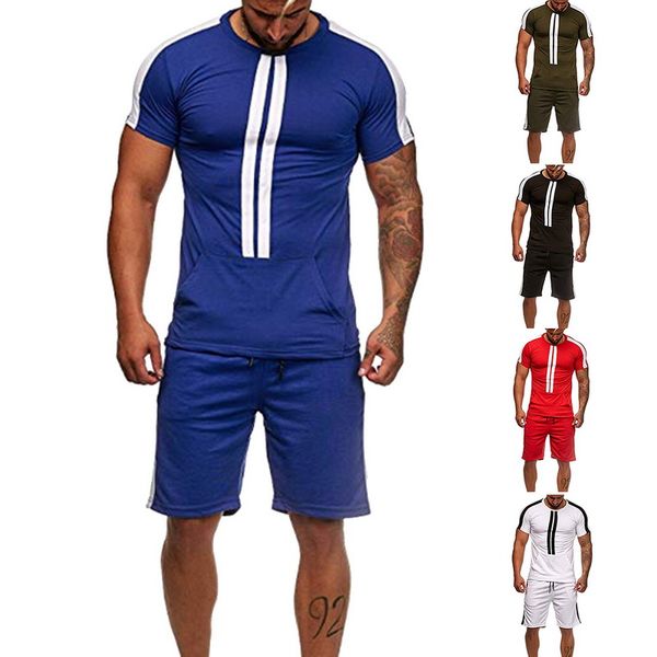 

vertvie men casual article tracksuit 2019 summer o-neck pullover t-shirts running shorts jogging sports set, Black;blue