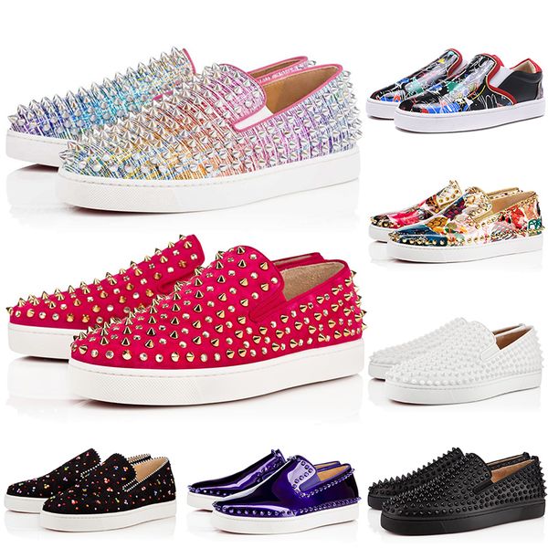 

Box Dust Bag luxury red bottoms for men Studded Spikes Crystal Flats women Designer shoes Glitter Slip-on Genuine Leather Casual Sneakers