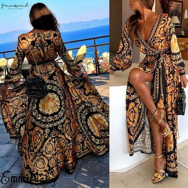 

women floral print split vintage long sleeve boho yellow long maxi dress evening party bohemian dresses beach dresses summer sundress, Black;gray