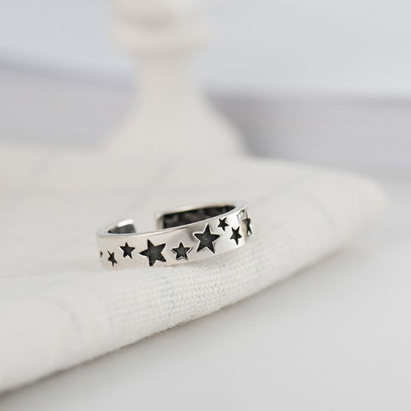 

retro clusters of star carving wide face 925 silver ring woman thai silver open ring elegant ladies fashion vintage s925 jewelry, Golden;silver