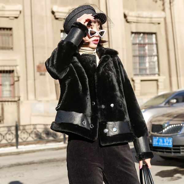

winter new collar fur coat leather coat real korean woman slim long sleeve real fur shearling motorcycle clothes, Black