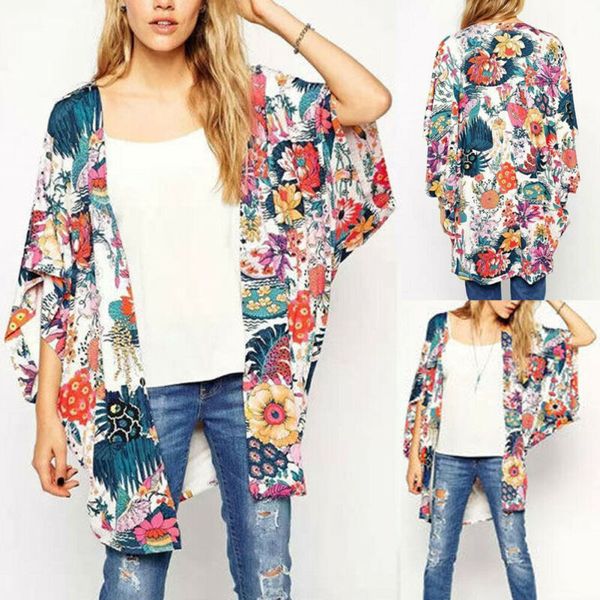 

women floral bikini cover up summer cardigan swimwear holiday ladies mid sleeve loose plus size -3xl, Blue;gray