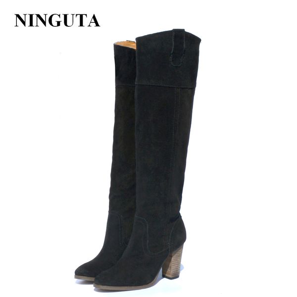 

ninguta natural suede boots women high heel autumn shoes woman, Black