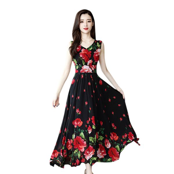 

fashion casual women v-neck sleeveless long dress floral printed slim dress chiffon a-line printing women ropa, Black;gray
