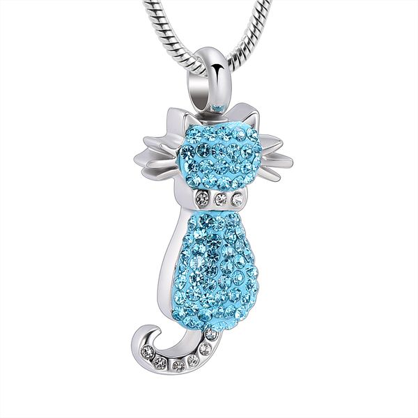 

zzl176 light blue stones inlay cat shape women cremation necklace funeral urn ash holder keepsake jewelry, Silver