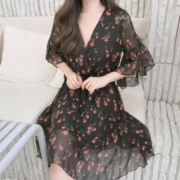

women v-neck cross boho chiffon party evening beach short mesh sleeve small floral print short pleated dress sundress summer, Black;gray
