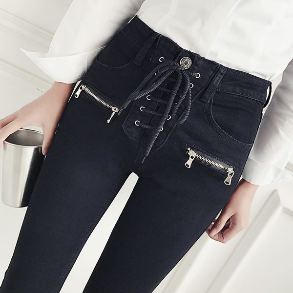 

zipper jeans slim skinny black jeans woman high waist womens denim pants plus size trousers casual solid color streetwear, Blue