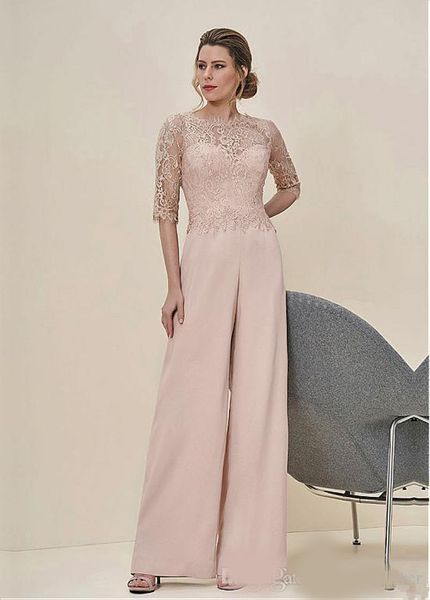 

new arrival jumpsuits lace half sleeves wedding guest dress zipper back long mother of the bride pant suits, Black;red