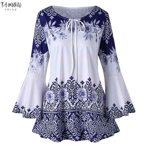 

vintage womens floral print blouse shirt plus size womens bandage long sleeve blouse casual ladies round neck, White