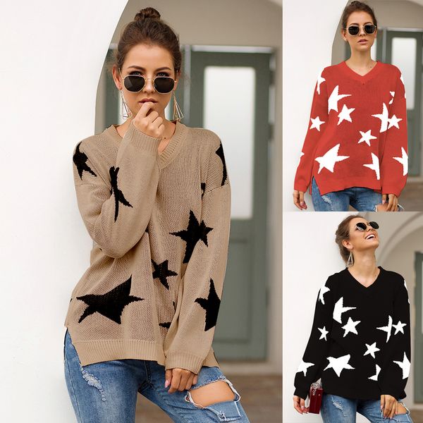 

19fw свитера для женщин brand solid color с star pattern печать женщины sexy v шеи свитера высокого качества 3 цвета, White;black