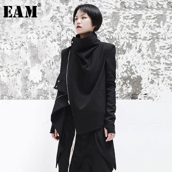 

eam] 2019 new spring stand collar long sleeve black zipper split joint irregular jacket women coat fashion tide ji102, Black;brown