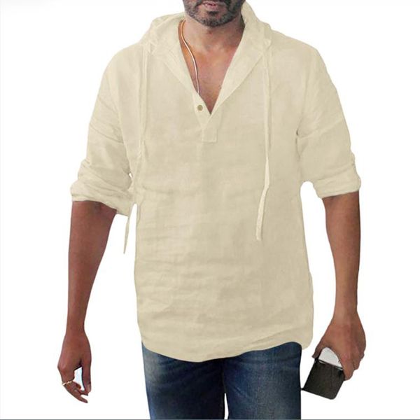 

tunic shirt men's fashion casual cotton linen solid color hooded loose long sleeve shirt, White;black