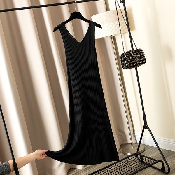

gigogou women thin long knit maxi dress ribbed halter summer chic female midi dress v neck spaghetti strap knitted dresses, Black;gray