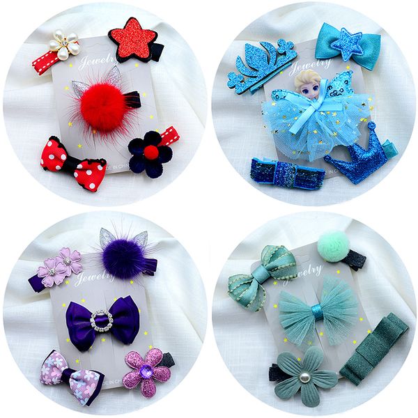 

5pcs/set kids girl handmade hair accessories flowers bowknot crown hairpin child star cartoon crown hair clips barrette headwear, Slivery;white