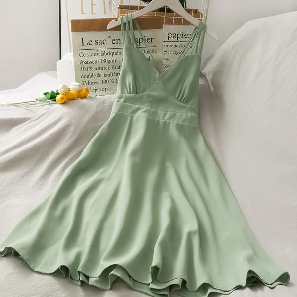 

summer dress women backless cross bandage mini solid spaghetti strap dresses beach chiffon high waist a-line dress 2020, Black;gray