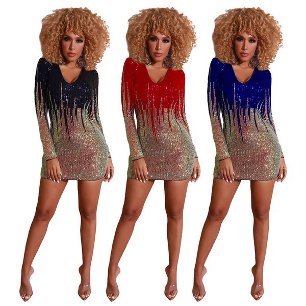 

womens designer sequins panelled dresses v neck party dresses long sleeve natural color dresses women clothes, White;black
