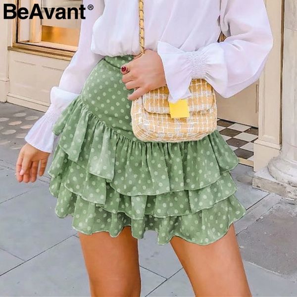 

beavant bohemian dot print summer skirt women high waist ruffled a-line female mini skirts holiday beach ladies short skirts, Black