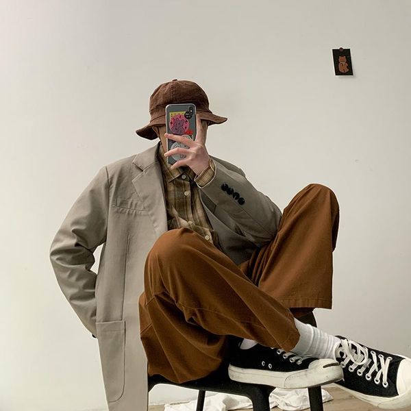 

2020 spring and autumn new youth popular korean men's solid color single-breasted suit fashion casual wild loose shirt gray, White;black