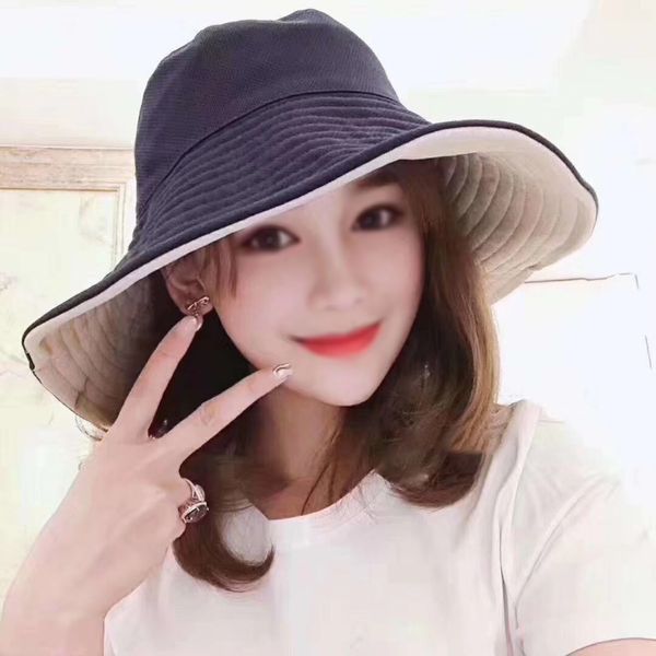 

b women's summer hat bucket cap sunscreen all-match solid color double side with steel ring bucket hats fisherman's hat, Blue;gray