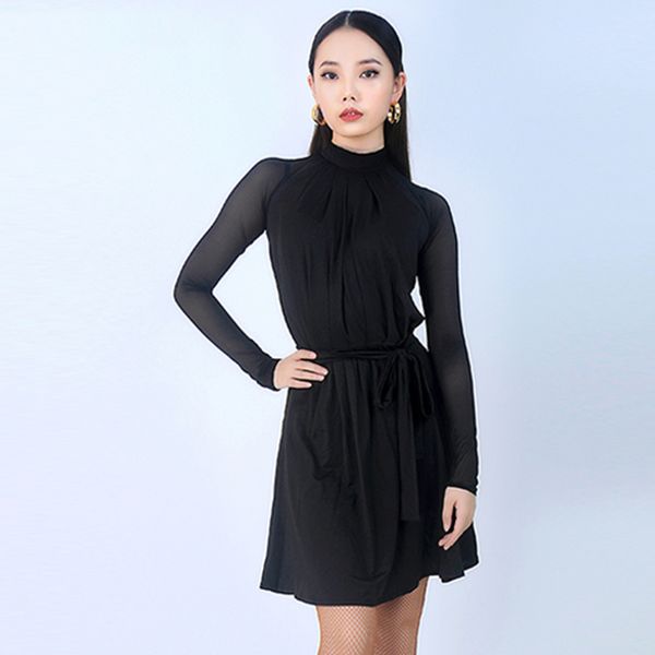 

classic black latin dress women long sleeve milk fiber tango salsa cha cha samba practice dance wear rumba dancing outfit dc1668, Black;red