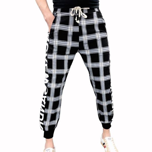 

лето streetwear lattice печать man pant бегуны брюки мужских hip hop повседневные шаровары pantalon homme moletom мужчина для, Black