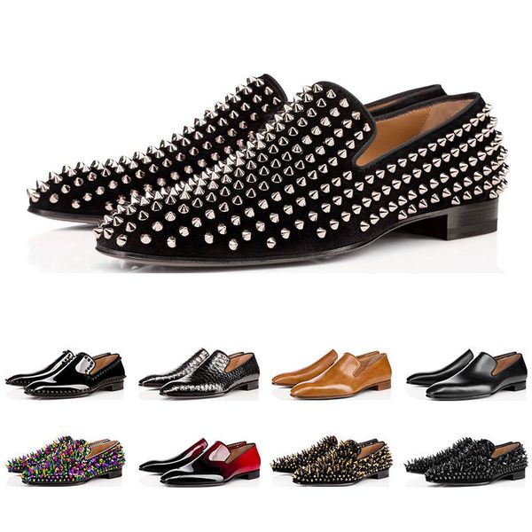 

2019 new fashion designer mens shoes loafers black red spike patent leather slip on dress wedding flats bottoms shoe for business party
