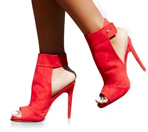 2019 Sandali con cinturino alla caviglia con bottoni Punta aperta da donna Stripper Décolleté con tacco ultra alto Scarpe da sposa rosse