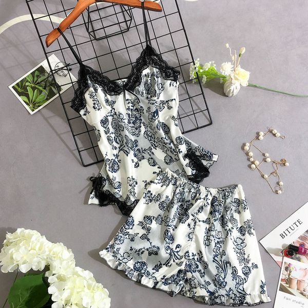 

womens pajamas for women pizama damska bawelna satin prin sling sleepwear lingerie lace bow nightwear underwear set, Blue;gray