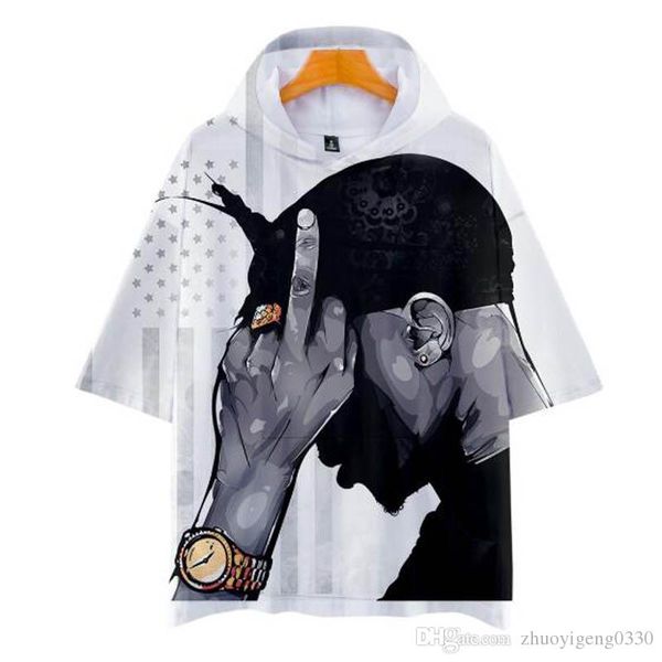 

2pac rapper 3d casual mens hooded tshirts summer fashion short sleeve hooded t-shirt harajuku hip hop streetwear clothing, White;black