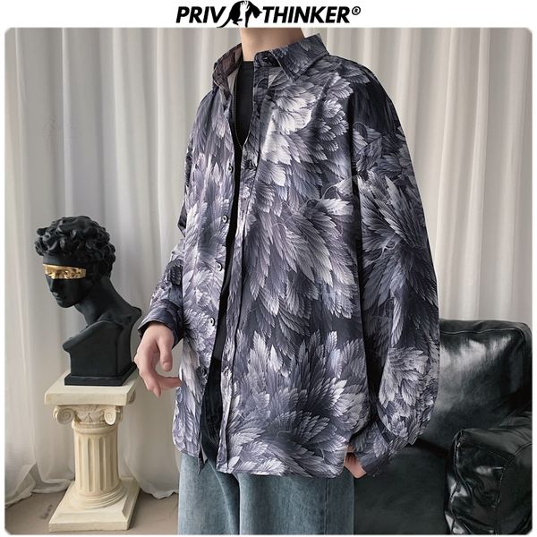 

men spring japanese vintage feather print shirt men's 2020 loose shirts male harajuku clothes long sleeve fashion, White;black